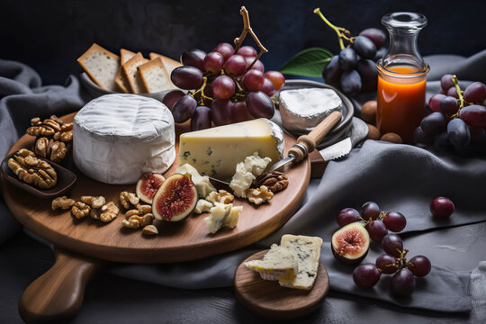 Serving cheese board with crackers. Italian and French cheese with figs and nuts. Generative AI illustration