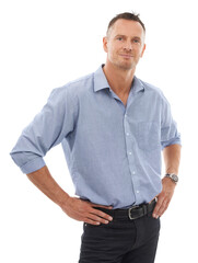 Portrait, serious and PNG with a man employee isolated on a transparent background for a professional career. Mindset, vision and a confident mature business person standing in a corporate company