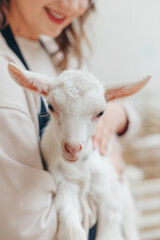 Obraz premium Woman farmer with Animal Goat on Hand at Eco Farm For Dairy Products
