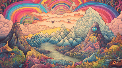 an illustration of a psychedelic lush landscape with pyramids and mountains. Generated Ai