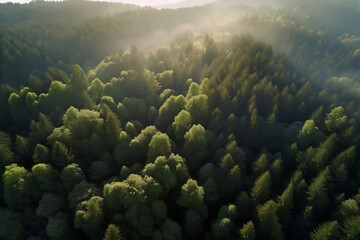 Fototapeta na wymiar Aerial view of a lush green forest in the morning light.