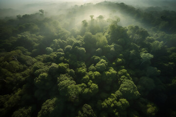 Naklejka na ściany i meble Aerial view of a lush green forest in the morning light.
