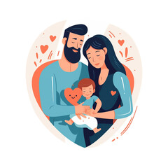 happy love couple with a newborn baby, they are in love, 2d, flat vector illustration. Generative ai.