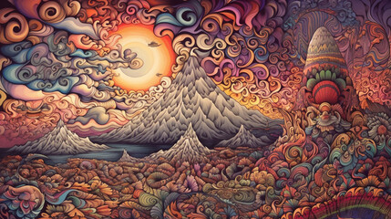 an illustration of a psychedelic lush landscape with pyramids and mountains Generated AI