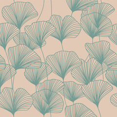 Linear seamless pattern with ginkgo biloba leaves on beige background. Japanese style line art with branches. Botanical vector illustration. Floral pattern