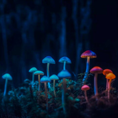 Fototapeta premium Colorful vaporwave psychedelic mushroom, black background, Generative AI