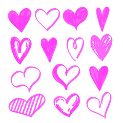 Set of hearts drawn with pink highlighter. Heart shape painted with marker isolated on white background. Vector illustration. 