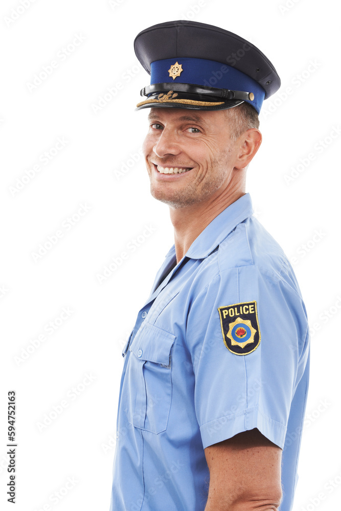 Wall mural Police officer, portrait and man isolated on a transparent, png background for law, security and leadership. Happy face of a compliance worker, professional person or model in legal, blue uniform