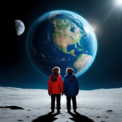 two kids seeing earth from moon