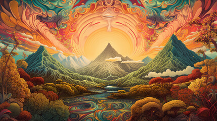 an illustration of a psychedelic lush landscape with pyramids and mountains. Generated Ai - obrazy, fototapety, plakaty