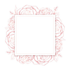 Pink hand sketched vector roses behind a white copy space square
