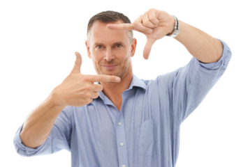 Man, hands and portrait smile with frame for perfect picture, memory and multimedia. Happy, businessman and framing face with fingers for photo capturing isolated on a transparent png background