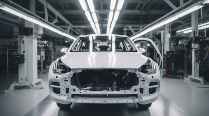 electric Car bodies are on assembly line factory for production of cars modern automotive industry a car being checked before being painted in a high tech enterprise Generated AI