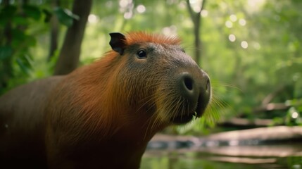 Capybara in a cinematic tropical forest background with beautiful colors generative ai