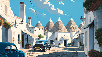 Fototapeta premium Illustration of beautiful view of Alberobello, Italy