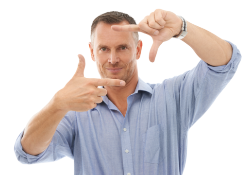 Man, hands and portrait smile with frame for perfect picture, memory and multimedia. Happy, businessman and framing face with fingers for photo capturing isolated on a transparent png background