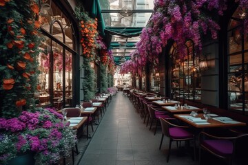 Fototapeta na wymiar very beautiful, restaurant inside, luxury street in a megalopolis with flowers. Generative AI