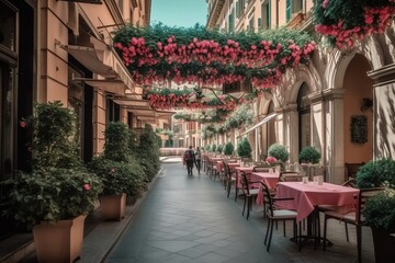 Obraz na płótnie Canvas very beautiful, restaurant inside, luxury street in a megalopolis with flowers. Generative AI