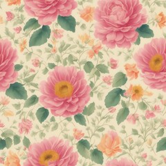 Seamless pattern of pink roses, leaves and branches . Hand drawn background, vintage floral pattern for wallpaper or fabric