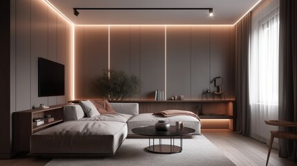 Naklejka na ściany i meble Living room modern interior design. Room with lights on walls, gray sofa with pillows, wooden furnishings with decor. Contemporary home space with furniture illustration background. Generative AI.