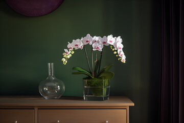 Beautiful tropical white phalaenopsis orchid in a glass pot on a chest of drawers, in an interior with green wall, dark background. Copy space. Ai generated.