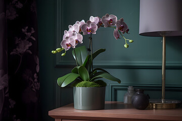 Beautiful tropical pink phalaenopsis orchid in a pot on a chest of drawers, in an interior with green wall, dark background. Copy space. Ai generated. - obrazy, fototapety, plakaty