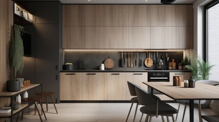 Kitchen modern interior design. Room with dining and cooking areas, appliances and wooden furnishing in apartment. Contemporary home space with furniture illustration background. Generative AI.