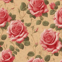 Seamless pattern of pink roses, leaves and branches . Hand drawn background, vintage floral pattern for wallpaper or fabric