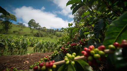 Fototapeta na wymiar Coffee tree with fresh red coffee beans on coffee plantation. Ripening coffee berry, organic harvest. Created with Generative AI