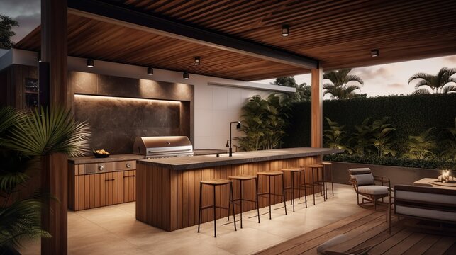 Open kitchen modern interior design. Room with dining area under wood planks roof, appliances and furnishing in garden. Contemporary home space with furniture illustration background. Generative AI.