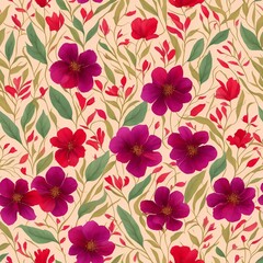 Seamless pattern of purple flowers, leaves and branches . Hand drawn background, vintage floral pattern for wallpaper or fabric
