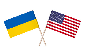 The crossed flags of Ukraine and the USA are isolated on a transparent background. Support for Ukraine. PNG