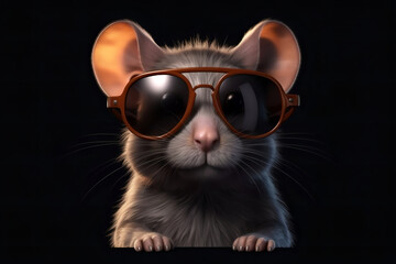 Naklejka premium Cute Mouse with Sunglasses on Black Background Summer Generative AI