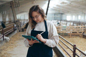 Obraz na płótnie Canvas Young Caucasian Female Farm Owner with Tablet in large Livestock Stall with white Dairy Goats