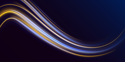 High speed abstraction. Wavy glowing bright smooth curved lines. Shining golden thin lines. Energy twirl. Neon laser wave swirl, glowing light effect, blue and purple trail. Light trail wave vector.