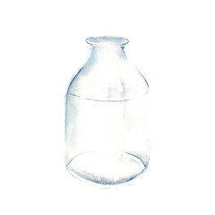Transparent glass bottle, vase, jar. Watercolor hand drawn illustration on a white background.