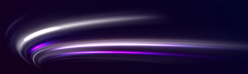 Concept of cyber highway, digital hyperspace or speed of light. Neon white motion lines, waves, curved shining light effect. 3d speedy neon trails made with ultra violet and blue laser beams vector 