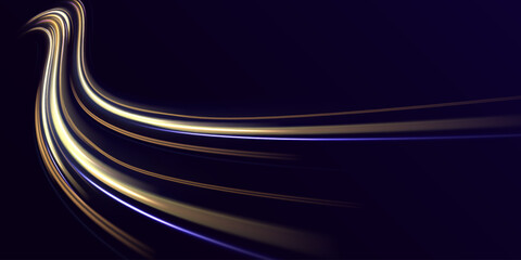 Obraz premium Golden light trail wave, fire path trace line and incandescence curve twirl. Luminous yellow lines of speed. Vector illustration of blue abstract background with blurred magic neon light curved lines.