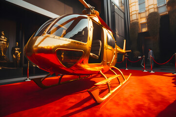 Unrealistic expensive business jet private golden shining color helicopter the red carpet. Generative AI.