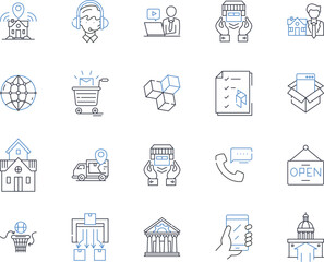 Municipal railway line icons collection. Transit, Trains, Buses, Commuting, Downtown, Station, Passengers vector and linear illustration. Tickets,Platform,Express outline signs set