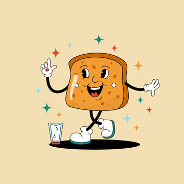 Comic flat bread slice shape with face on decorated background. Vector cartoon illustration in groovy retro style with bakery. Square image of cute tasty character with smile for poster or concept