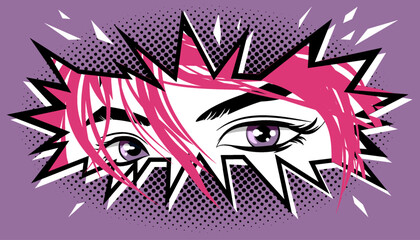 The eyes of a girl with pink hair peek out from a crack in the wall in a manga and anime style.