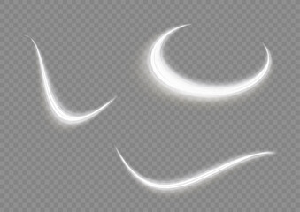 Fototapeta na wymiar Light trail wave, fire path trace line and incandescence curve twirl. PNG Light white pedestal, podium, platform, table vector. Luminous white lines of speed. Twist white line. Abstract motion lines.