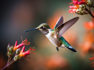 Fototapeta na wymiar A Hummingbird in Mid Flight among Flowers | Generative AI
