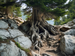 Fototapeta na wymiar A Large Tree in the Mountains with Roots Growing over the Surface | Generative AI