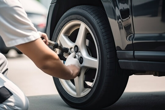 Close up of man changing tire in a car, Generative AI