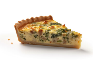 Slice of Quiche (pie) with ham, tomatoes, spinach and soft cheese isolated on a white background. Generative AI - obrazy, fototapety, plakaty