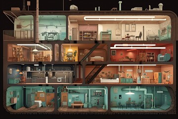 cross-section of fallout shelters: multi-level structure for nuclear fallout. Walls and tubes, air filtration systems, storage spaces. individual living quarters, shared spaces, and emergency exits. - obrazy, fototapety, plakaty