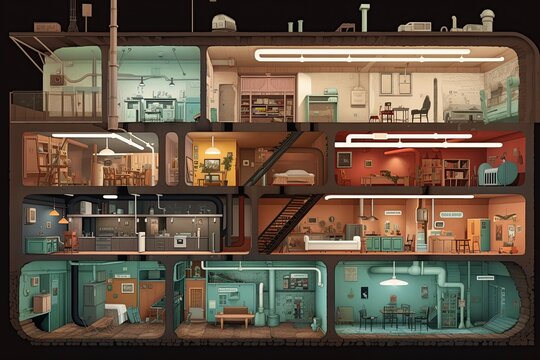 cross-section of fallout shelters: multi-level structure for nuclear fallout. Walls and tubes, air filtration systems, storage spaces. individual living quarters, shared spaces, and emergency exits.