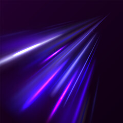 Abstract technology futuristic neon circle glowing blue and white light lines with speed motion blur effect on dark blue background. Light line moving with speed. 